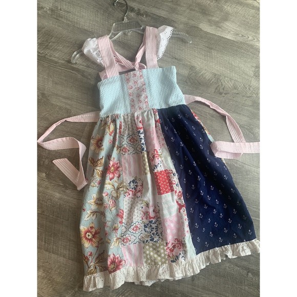 Girls Handmade Twirl Knit Dress Multi Fabric Size 8 Dress Tie Back Cap Sleeves - Picture 5 of 9